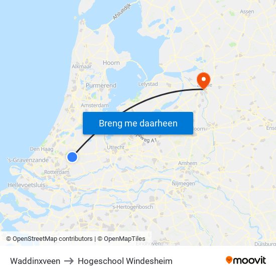 Waddinxveen to Hogeschool Windesheim map
