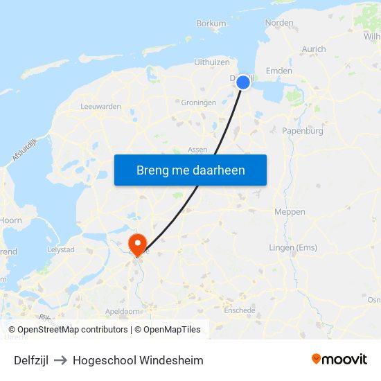Delfzijl to Hogeschool Windesheim map