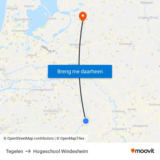 Tegelen to Hogeschool Windesheim map