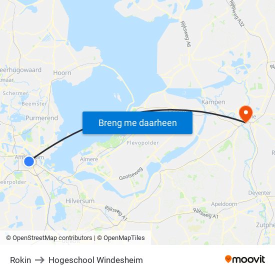 Rokin to Hogeschool Windesheim map