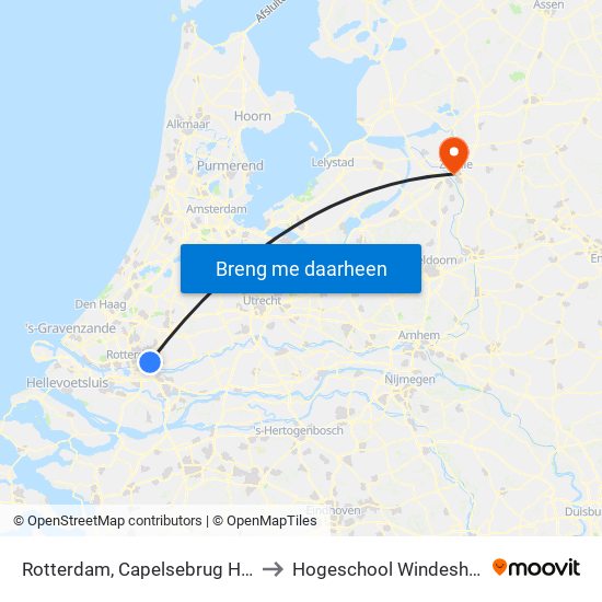 Rotterdam, Capelsebrug Hoog to Hogeschool Windesheim map