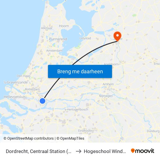 Dordrecht, Centraal Station (Perron D) to Hogeschool Windesheim map