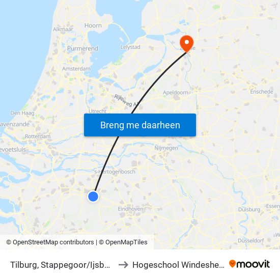 Tilburg, Stappegoor/Ijsbaan to Hogeschool Windesheim map
