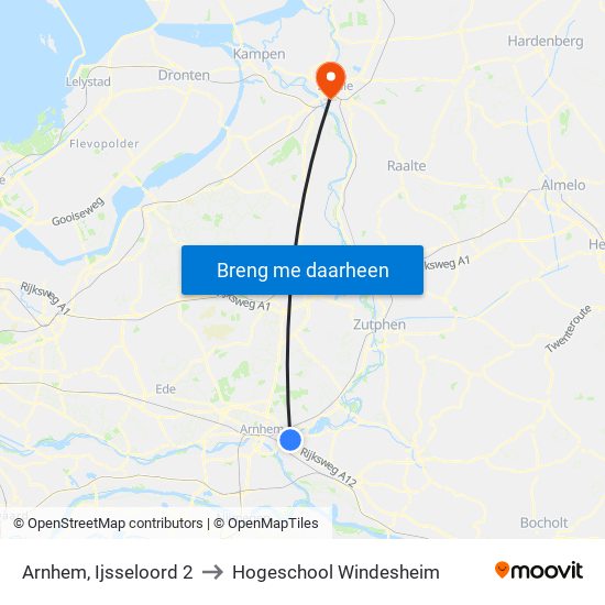 Arnhem, Ijsseloord 2 to Hogeschool Windesheim map
