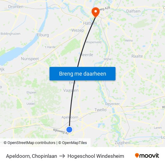 Apeldoorn, Chopinlaan to Hogeschool Windesheim map