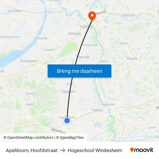 Apeldoorn, Hoofdstraat to Hogeschool Windesheim map