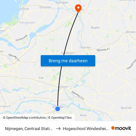 Nijmegen, Centraal Station to Hogeschool Windesheim map