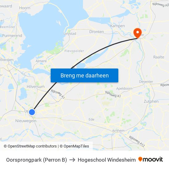 Oorsprongpark (Perron B) to Hogeschool Windesheim map