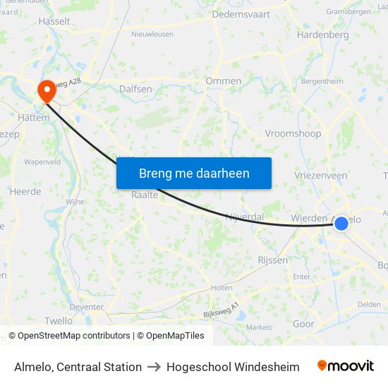 Almelo, Centraal Station to Hogeschool Windesheim map