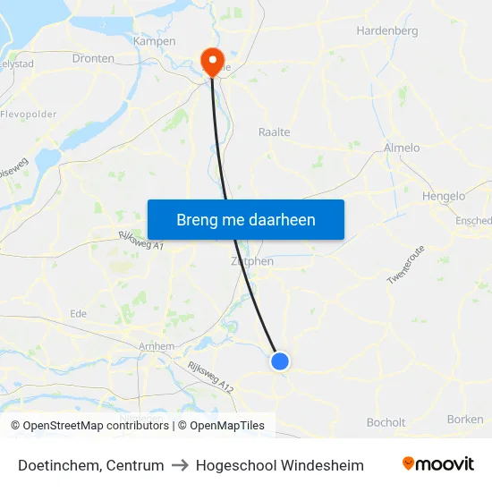 Doetinchem, Centrum to Hogeschool Windesheim map