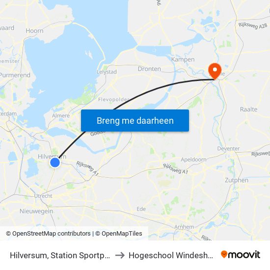 Hilversum, Station Sportpark to Hogeschool Windesheim map