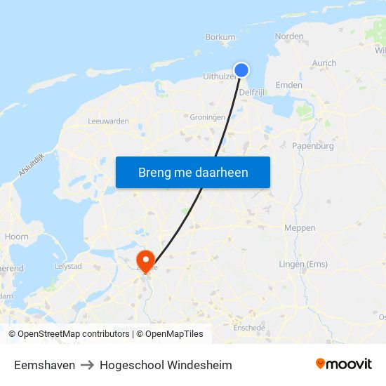 Eemshaven to Hogeschool Windesheim map