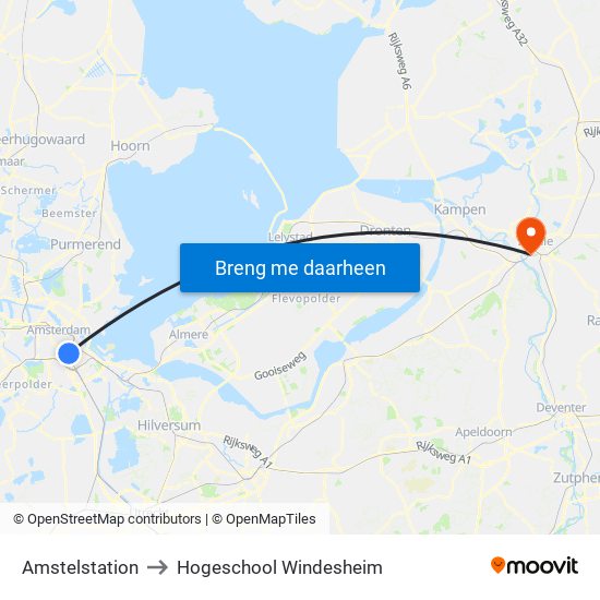 Amstelstation to Hogeschool Windesheim map