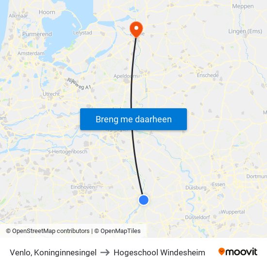 Venlo, Koninginnesingel to Hogeschool Windesheim map