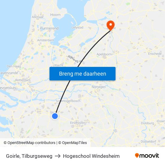 Goirle, Tilburgseweg to Hogeschool Windesheim map