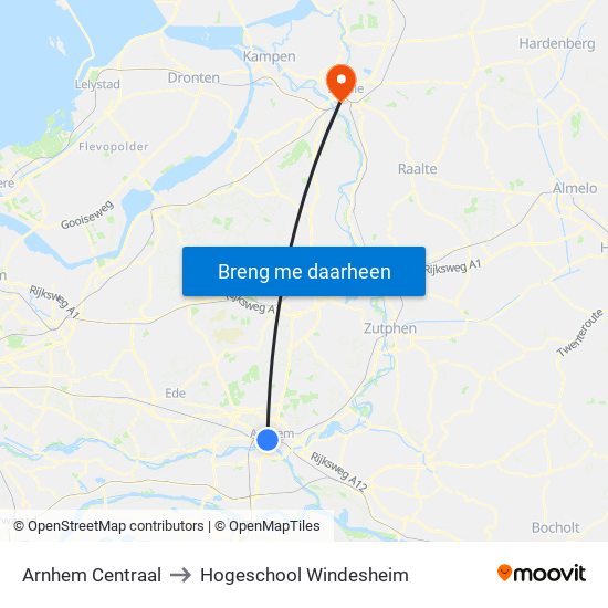 Arnhem Centraal to Hogeschool Windesheim map