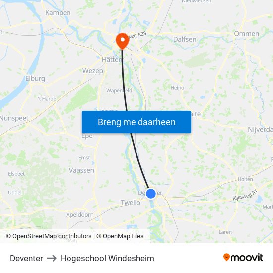 Deventer to Hogeschool Windesheim map