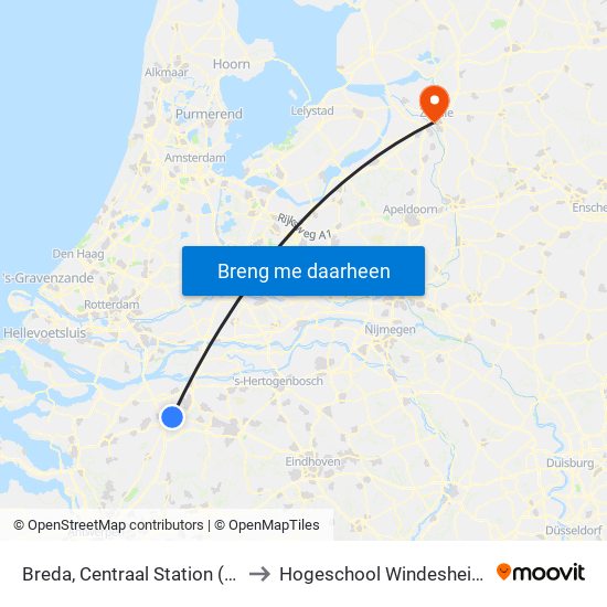 Breda, Centraal Station (R) to Hogeschool Windesheim map