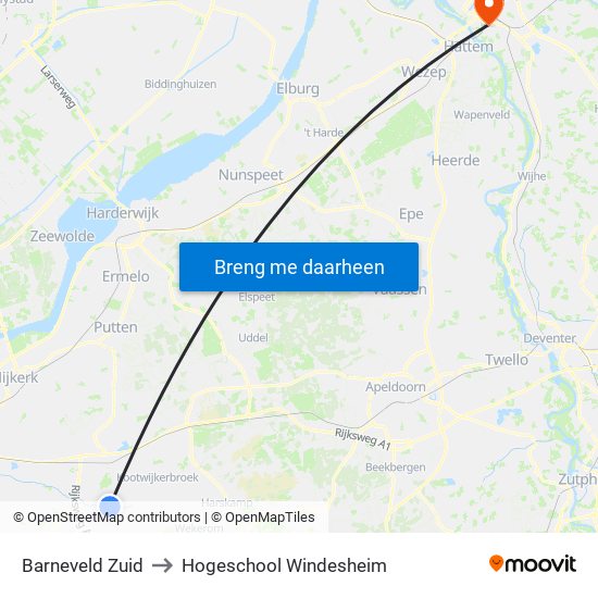 Barneveld Zuid to Hogeschool Windesheim map