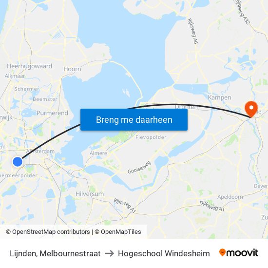Lijnden, Melbournestraat to Hogeschool Windesheim map