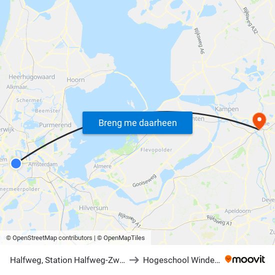 Halfweg, Station Halfweg-Zwanenbrg to Hogeschool Windesheim map