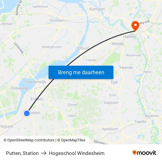 Putten, Station to Hogeschool Windesheim map