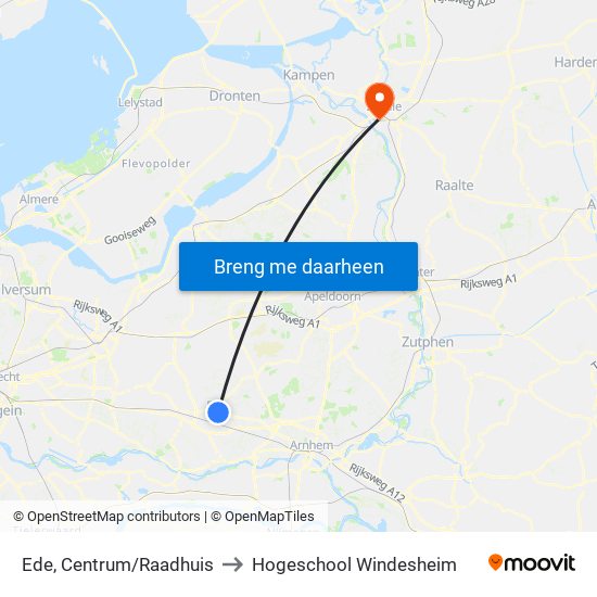 Ede, Centrum/Raadhuis to Hogeschool Windesheim map