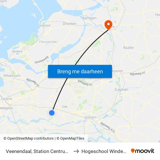 Veenendaal, Station Centrum/Plein to Hogeschool Windesheim map