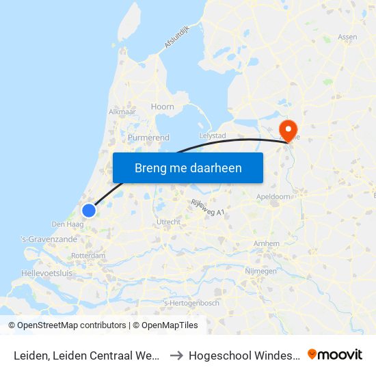 Leiden, Leiden Centraal Westzijde to Hogeschool Windesheim map