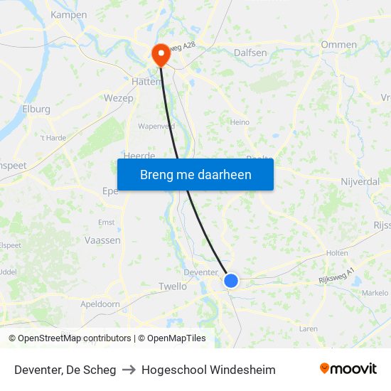 Deventer, De Scheg to Hogeschool Windesheim map