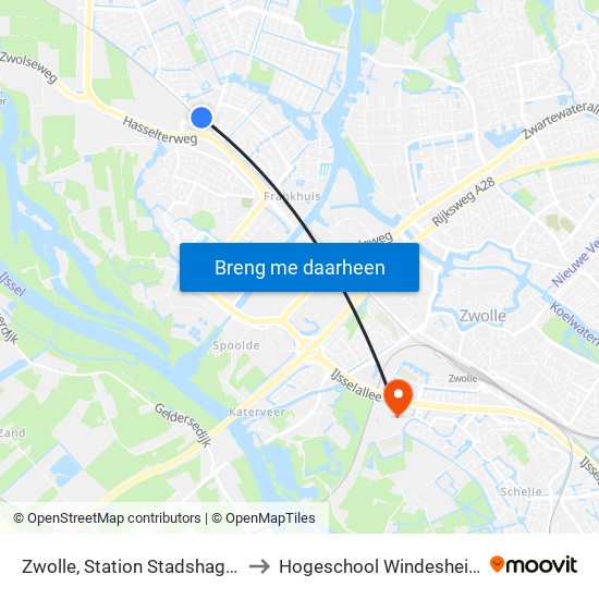 Zwolle, Station Stadshagen to Hogeschool Windesheim map