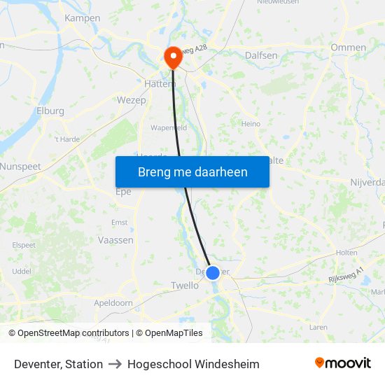 Deventer, Station to Hogeschool Windesheim map
