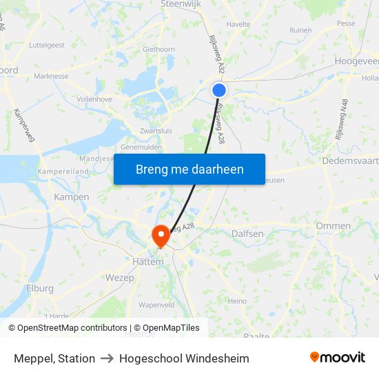 Meppel, Station to Hogeschool Windesheim map