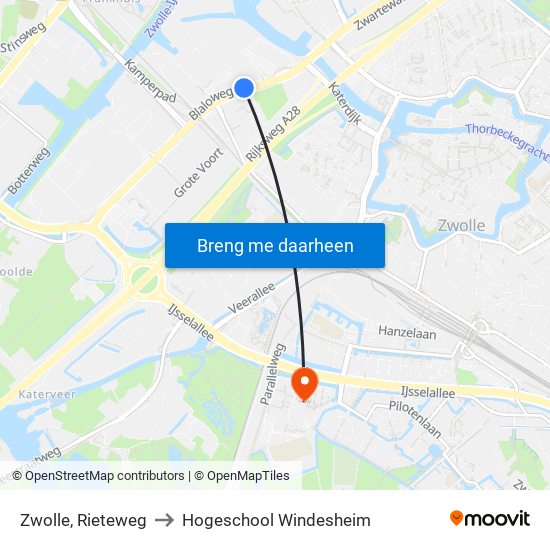 Zwolle, Rieteweg to Hogeschool Windesheim map