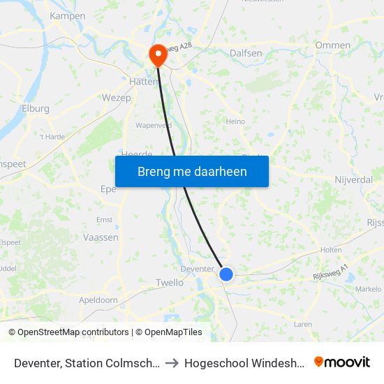 Deventer, Station Colmschate to Hogeschool Windesheim map