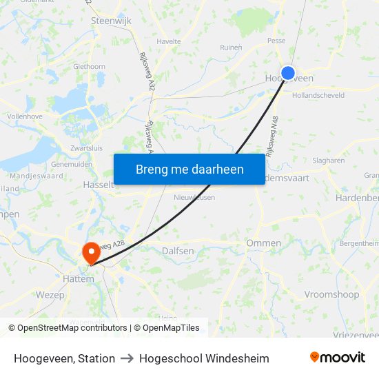 Hoogeveen, Station to Hogeschool Windesheim map