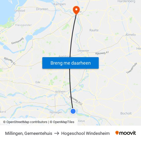 Millingen, Gemeentehuis to Hogeschool Windesheim map
