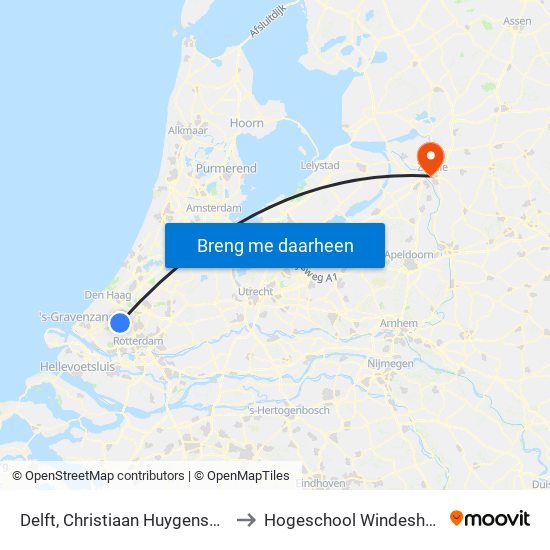 Delft, Christiaan Huygensweg to Hogeschool Windesheim map