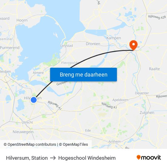 Hilversum, Station to Hogeschool Windesheim map