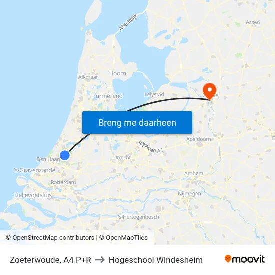 Zoeterwoude, A4 P+R to Hogeschool Windesheim map