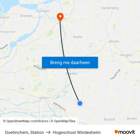 Doetinchem, Station to Hogeschool Windesheim map