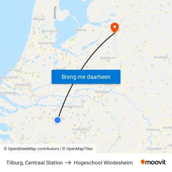Tilburg, Centraal Station to Hogeschool Windesheim map