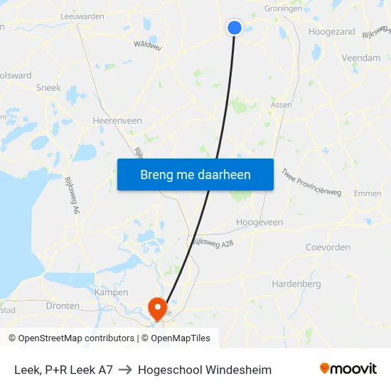 Leek, P+R Leek A7 to Hogeschool Windesheim map