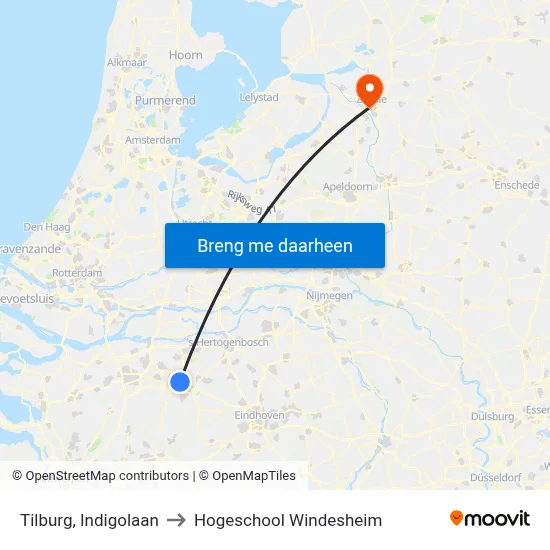 Tilburg, Indigolaan to Hogeschool Windesheim map