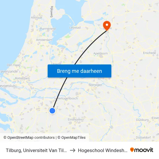 Tilburg, Universiteit Van Tilburg to Hogeschool Windesheim map