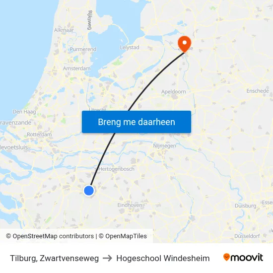Tilburg, Zwartvenseweg to Hogeschool Windesheim map