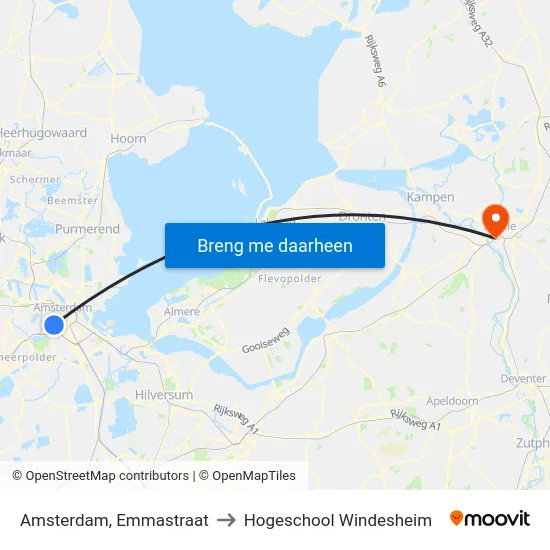 Amsterdam, Emmastraat to Hogeschool Windesheim map