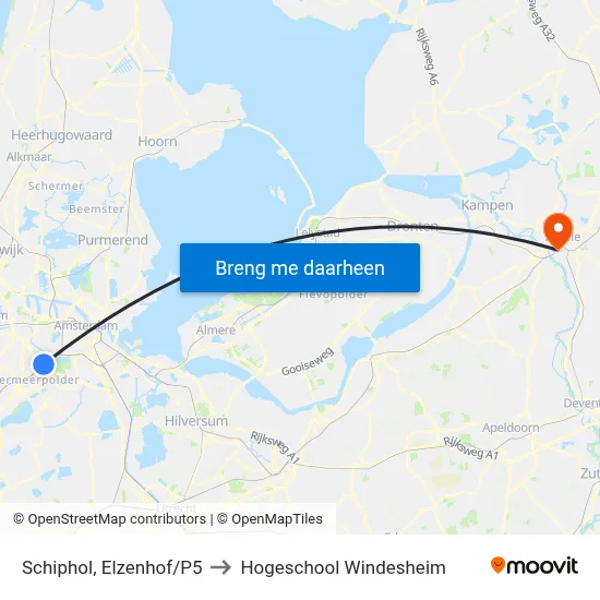 Schiphol, Elzenhof/P5 to Hogeschool Windesheim map