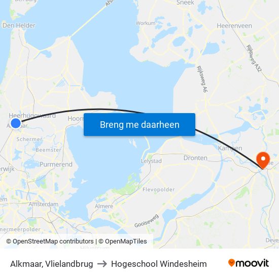 Alkmaar, Vlielandbrug to Hogeschool Windesheim map