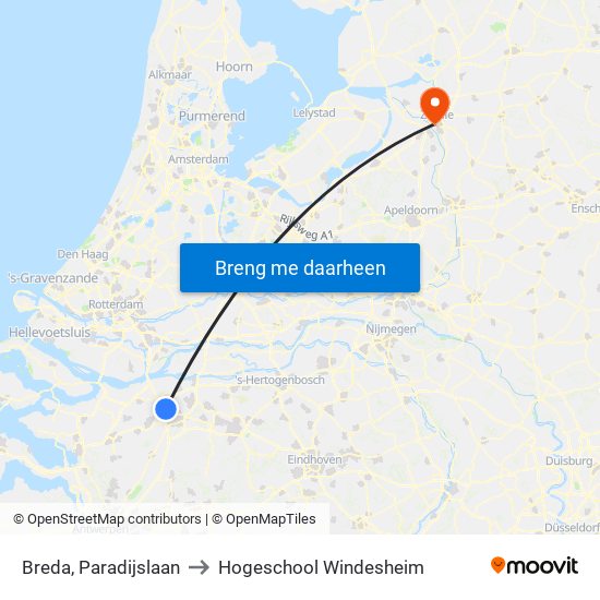 Breda, Paradijslaan to Hogeschool Windesheim map